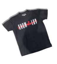 Load image into Gallery viewer, A black crew neck t-shirt with text 'KNOW LUV' printed in white on the front.